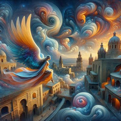 Primary subject: Angel
Setting/background: Cityscape
Visual style: Digital art
Colors and mood: Vibrant, whimsical